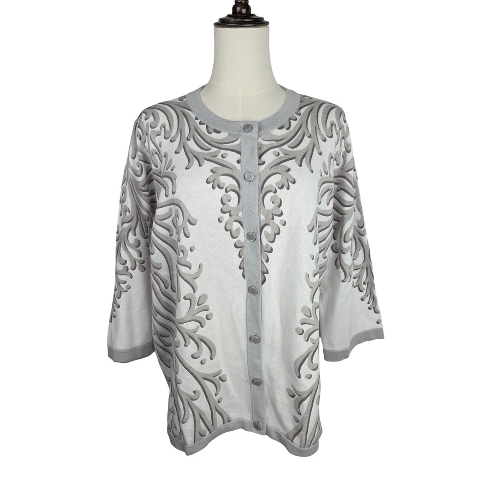 Bob Mackie Cardigan L White Grey Damask Scroll Wearable Art Sweater Regencycore